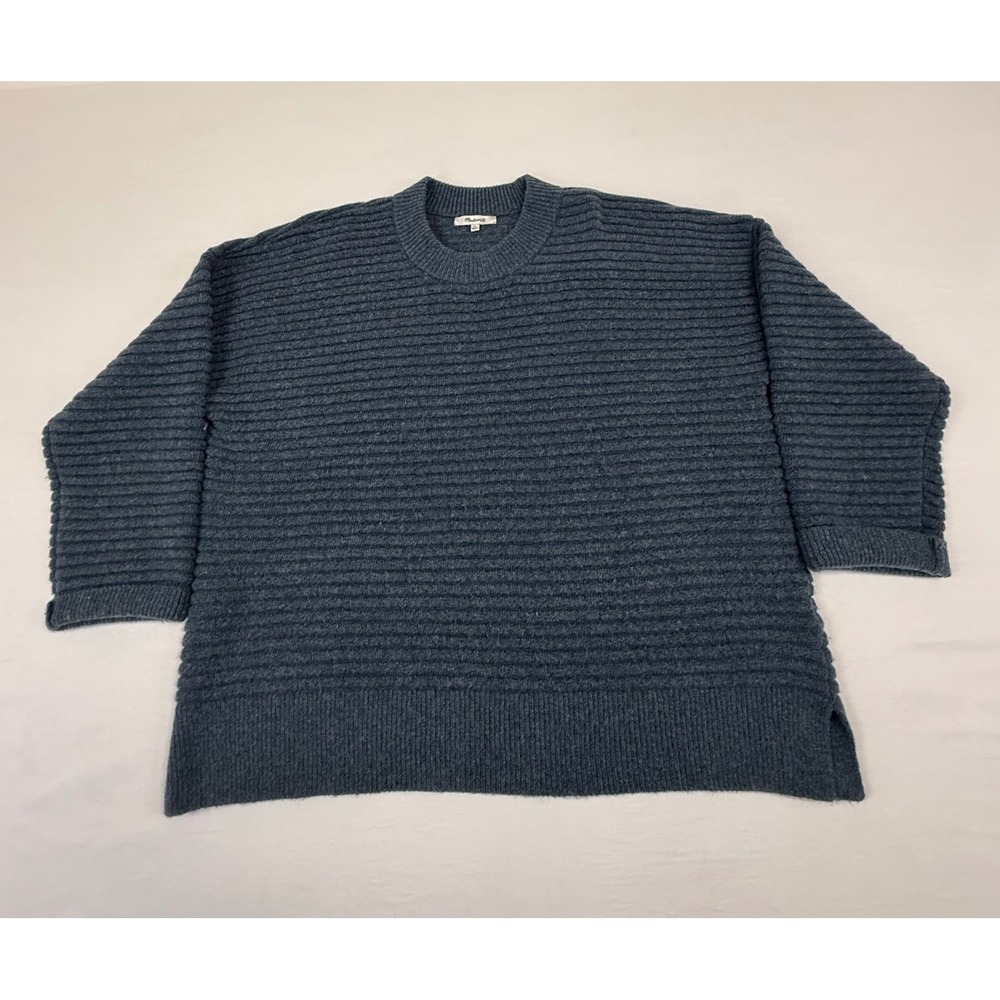Madewell Blue Gray Ribbed Boxy Crewneck Sweater Oversized 3/4 Sleeve Size XL